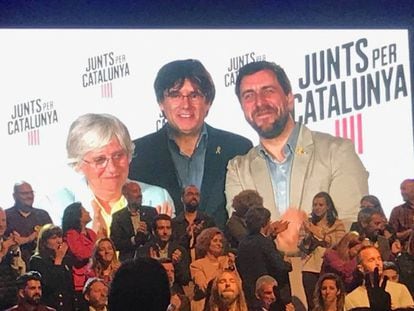 Clara Ponsatí, Carles Puigdemont y Toni Comín, en videoconferencia, tras conocerse los resultados de las elecciones europeas.