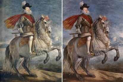 El Museo del Prado ha presentado algunas de las restauraciones más singulares concluidas este año. Un buen ejemplo es este <i>Felipe III a caballo</i>, de Velázquez. A la izquierda, el óleo de tres metros antes de la restauración, a la derecha, tras el arreglo.