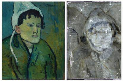 'Dona amb còfia', de Picasso, i la seva imatge en reflectografia, en la qual es veu la imatge que hi ha a sota.
