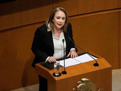 La ministra Yasmín Esquivel, en su intervención en el Senado, en 2019.