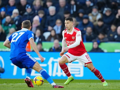 Gabriel Martinelli, del Arsenal, en una acción del partido contra el Leicester.