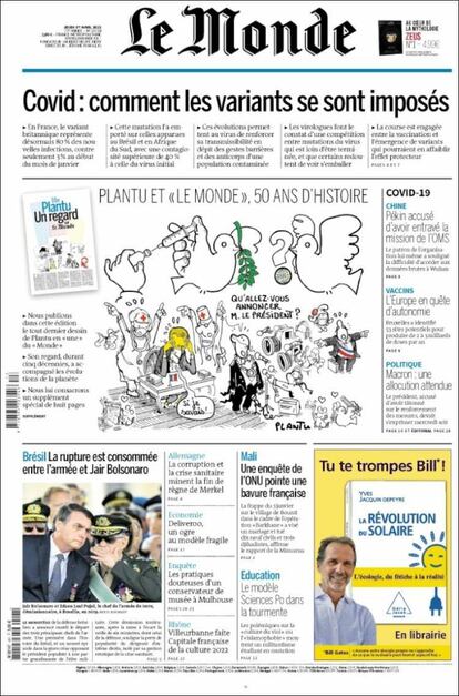 Plantu's last cartoon on the cover of 'Le Monde'.
