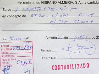 Uno de los cheques de Hispano Almer&iacute;a a nombre de Alfonso Salmer&oacute;n.