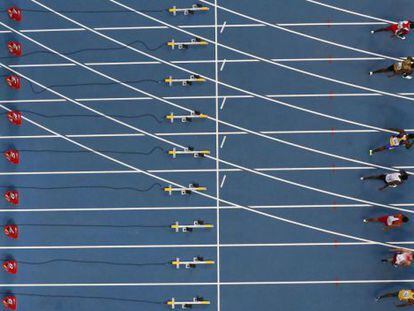 Una serie de 100 metros lisos en los Mundiales de Moscú, en 2013