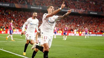 Erik Lamela celebra su gol en el partido de semifinales de la Europa League entre el Sevilla y la Juventus, en el Ramón Sánchez-Pizjuán este jueves.