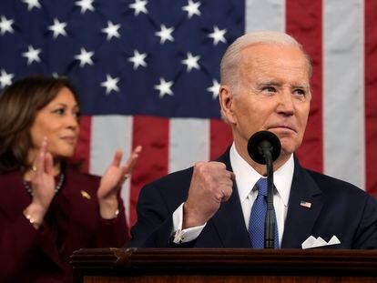 El presidente Joe Biden durante su discurso, en el Capitolio estadounidense, este miércoles.