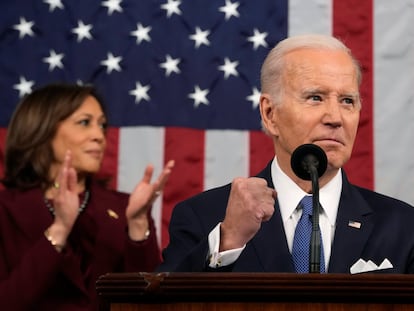 El presidente Joe Biden durante su discurso, en el Capitolio estadounidense, este miércoles.