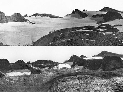Dos fotos del glaciar Lyell en Yosemite, California, que muestran cómo el hielo se derritió en un lapso de 132 años.