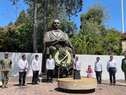 Andrés Manuel López Obrador durante el  215 Aniversario del natalicio de Benito Juárez en Guelatao (Oaxaca), en 2021.