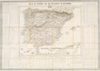 Un grabado de 1863 del 'Atlas de España y de sus posesiones de Ultramar', con tablas de datos sobre educación, criminalidad y otros aspectos.