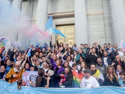 Celebración de la aprobación de la 'ley trans' en la entrada del Congreso de los Diputados, en diciembre de 2022.