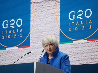 La secretaría del Tesoro de EE UU, Janet Yellen, durante su rueda de prensa en Venecia.