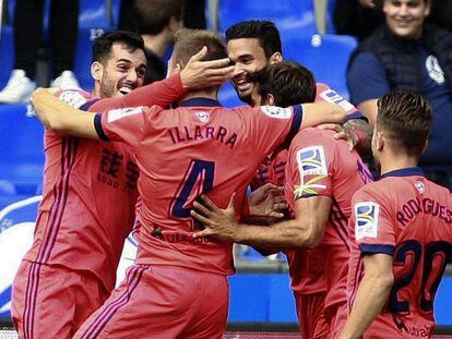 La Real celebra el segundo gol de la Real en Riazor.