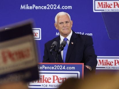 El exvicepresidente Mike Pence anuncia su intención de buscar la nominación republicana a la presidencia, junio de 2023 en Ankeny, Iowa.