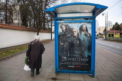 A marquee in Krakow with the advertisement for the poster of 'The Witcher'.