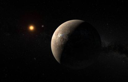 Recreaci&oacute;n art&iacute;stica del planeta Proxima b y su estrella