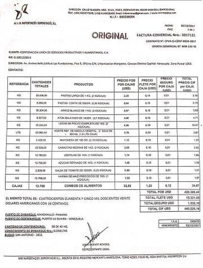 Factura de uno de los envíos de cajas CLAP por valor de 445.000 dólares.