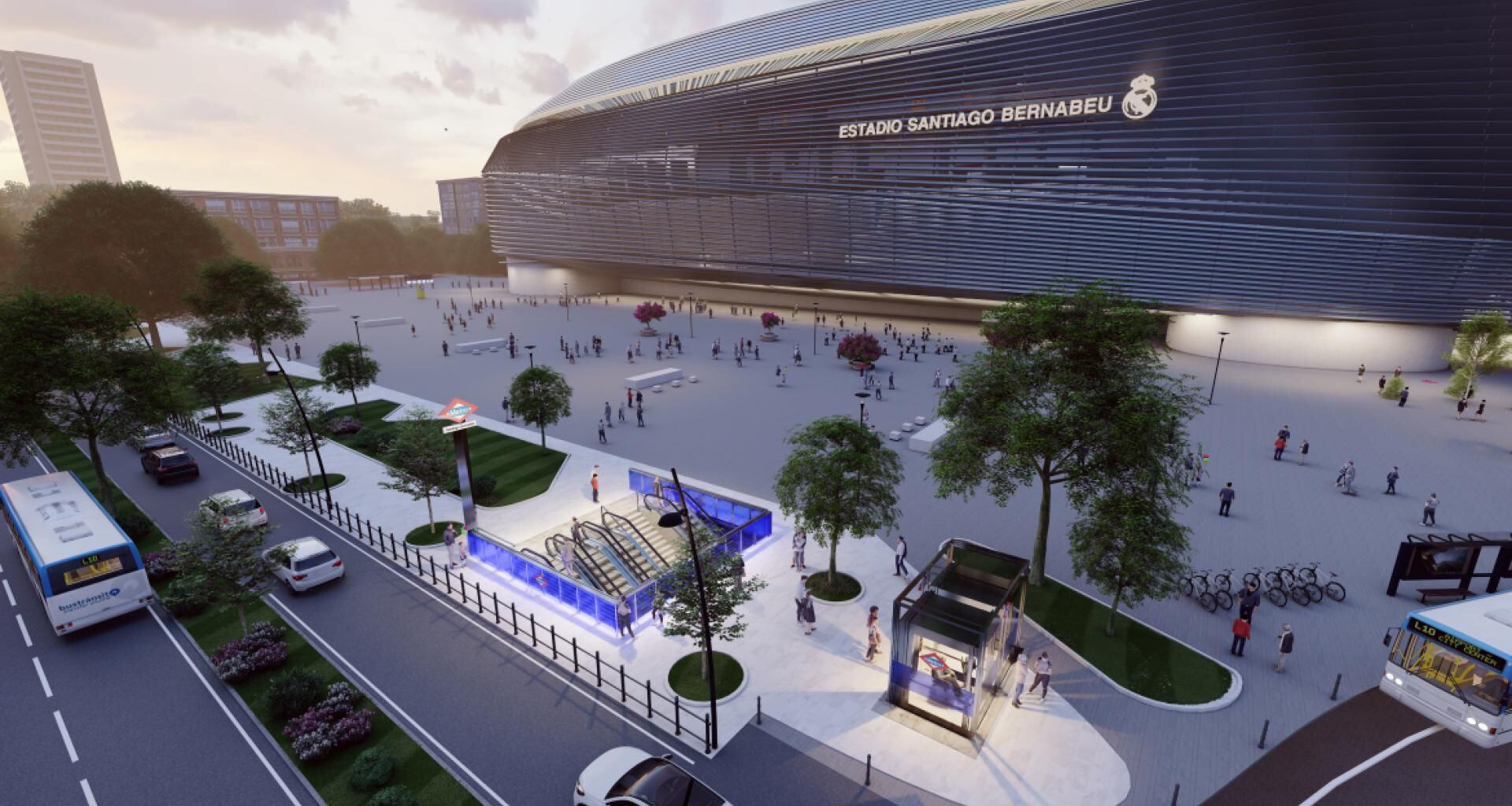 Recreación de los exteriores de la futura estación de Santiago Bernabéu, en una imagen elaborada por la Comunidad de Madrid.