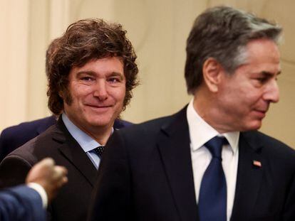El presidente Milei, este viernes en Buenos Aires durante una reunión con el secretario de Estado de EE UU, Antony Blinken.