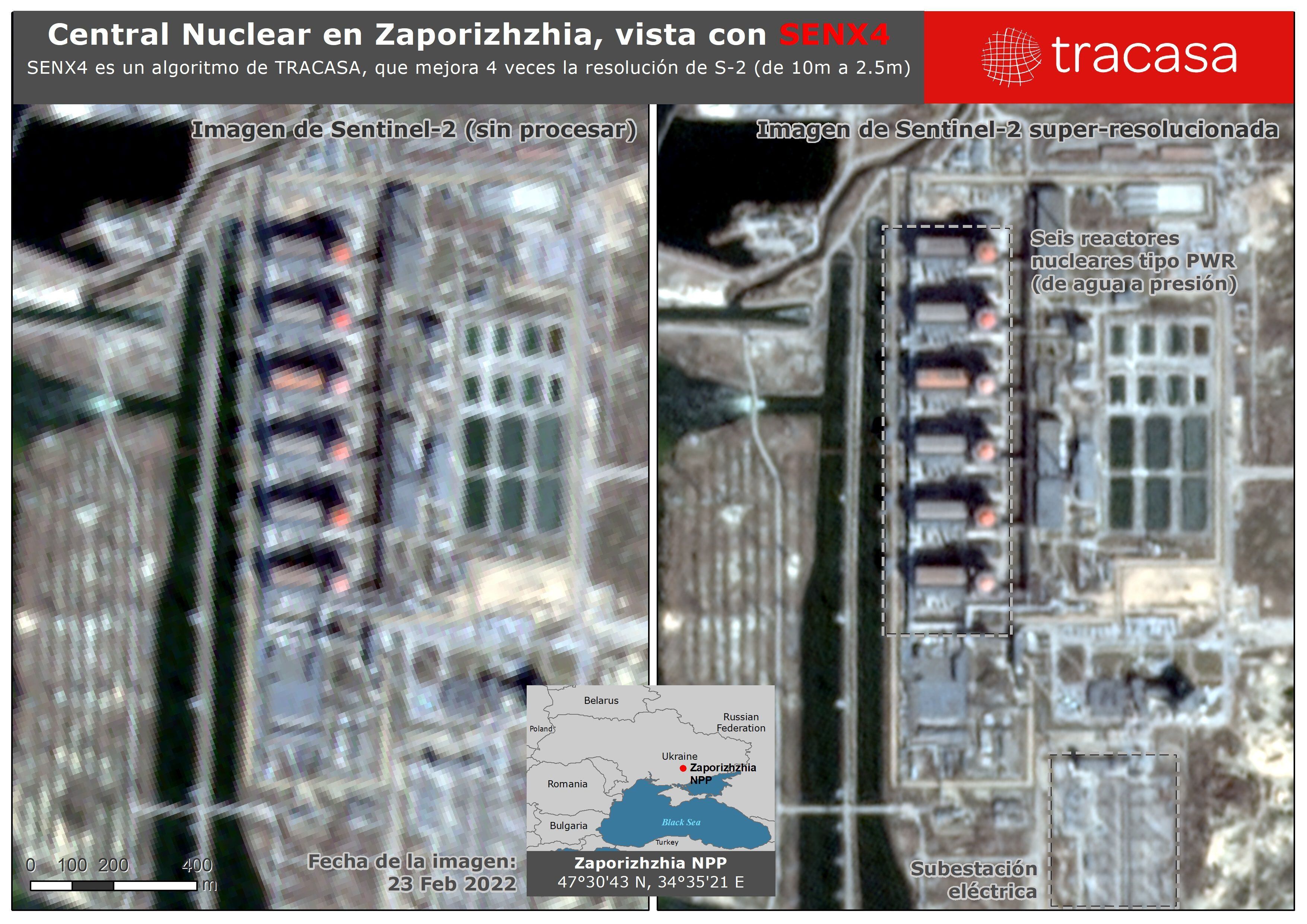 Dos imágenes de la central nuclear de Zaporiyia (Ucrania). A la izquierda, imagen de Sentinel-2. A la derecha, imagen de Sentinel-2 superresolucionada con la tecnología SENX4.  Tracasa ofrece imágenes superresolucionadas de la zona de Ucrania.