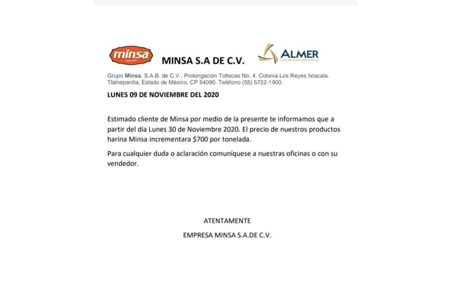 Comunicado de la empresa Minsa sobre el precio de la tortilla.