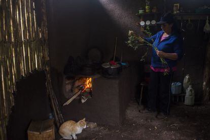 Cleofé Neira prepara la comida en su cocina. Para ellos la riqueza más grande está en la Madre Tierra, en sus montañas, valles y frutos.