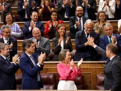 El candidato a la presidencia del Gobierno y líder del PP, Alberto Núñez Feijóo, tras su intervención en la segunda jornada del debate de su investidura en el Congreso, este miércoles.