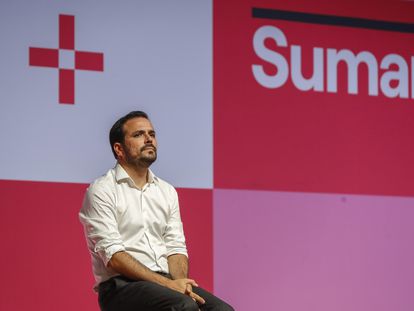 El ministro de Consumo de España, Alberto Garzón, este martes en un mitin de Sumar en Málaga.