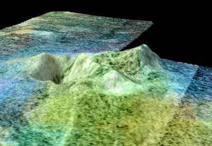 Picos que pueden ser volcanes helados en la zona de Sotra Facula en Titán, según la reconstrucción en tres dimensiones de imágenes de radar de la nave <i>Cassini</i>.