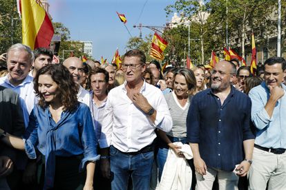 Alberto Núñez Feijóo, con la presidenta de la Comunidad de Madrid, Isabel Díaz Ayuso y otros líderes populares, durante la manifestación del domingo en Barcelona contra la amnistía.