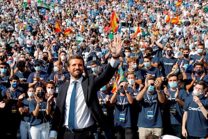 El presidente del PP, Pablo Casado, en la convención nacional del partido, el pasado 3 de octubre, en Valencia.