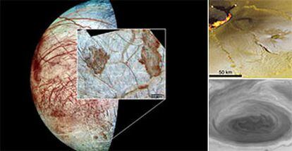 Fotografías de Europa (izquierda), Io (arriba) y la mancha roja de Júpiter (abajo) tomadas por la <i>Galileo</i>.