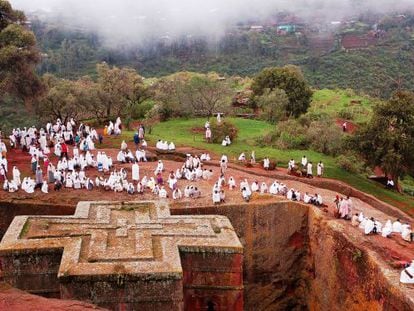 La iglesia cavada en la roca de St. George, una de las maravillas de Lalibela (Etiop&iacute;a).