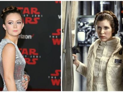 Billie Lourd, en el estreno de 'Star Wars: los últimos Jedi' y, a la derecha, Carrie Fisher en una escena de 'Star Wars: Episode V - El imperio contraataca'.