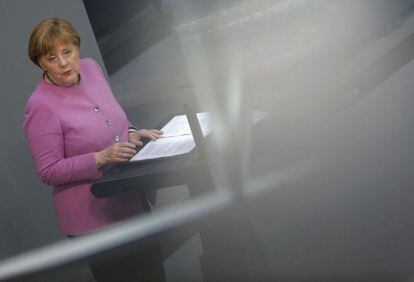 La canciller alemana, Angela Merkel, durante su discurso en el Bundestag, en Berlín.