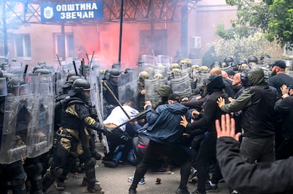 Kosovar Serb protesters clash with NATO peacekeepers in Zvecan, northern Kosovo, on May 29.