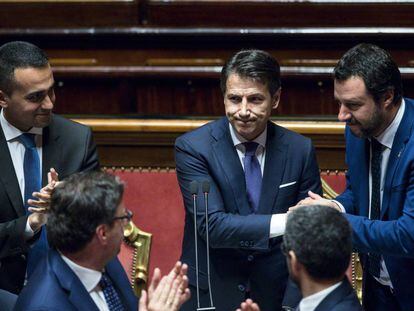 El primer ministro de Italia, Giuseppe Conte, tras su discurso en el Senado.