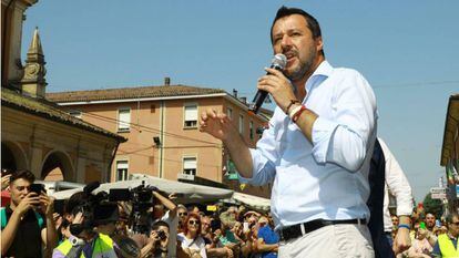 El líder de la Liga, Matteo Salvini, durante un mitin en Castelfranco el 4 de junio.