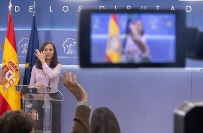 La secretaria general de Podemos, Ione Belarra, durante una rueda de prensa el 23 de noviembre de 2023, en Madrid.