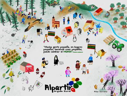 Ilustración realizada para el Ayuntamiento de Alpartir con motivo del Día Universal del Orgullo Rural, y que se encuentra expuesto de manera permanente en la Plaza de la Constitución de la misma localidad.