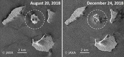 Combo de imágenes cedido por la Agencia Aeroespacial de Japón (JAXA) que muestra el volcán Anak Krakatau antes y después del tsunami.