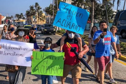 Trabajadores del acuario y sus familiares protestan por la clausura que realizó la Procuraduría del Medio Ambiente, el 15 de mayo.