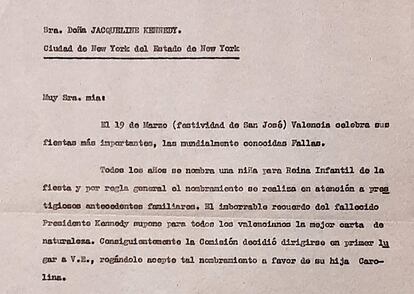 Boceto de la carta de Junta Central Fallera a Jackie Kennedy.