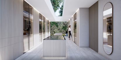 Una de las paredes del espacioso vestidor está abierta al exterior.