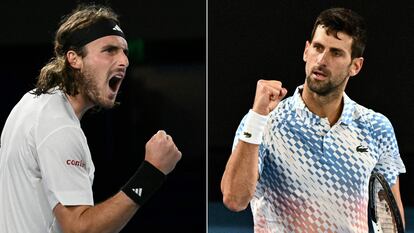 Stefanos Tsitsipas y Novak Djokovic, en las pistas de Melbourne Park.