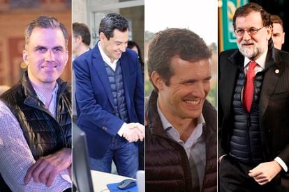 Javier Ortega (Vox), Juanma Moreno (PP), Pablo Casado (PP) y Mariano Rajoy con luciendo plumas ligero.