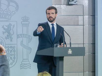 El presidente del PP, Pablo Casado en rueda de prensa en La Moncloa.