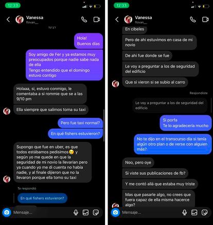 Capturas de pantalla de los mensajes entre Vanessa 'N' y los amigos de Ariadna Fernanda.