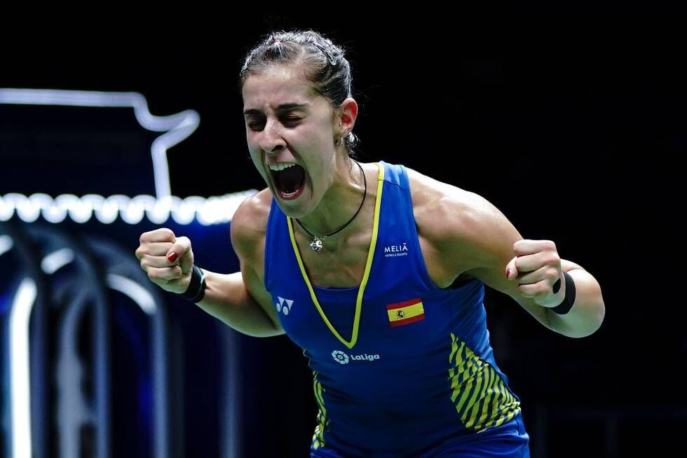Carolina Marín vocea su victoria en la final del Mundial de 2018.