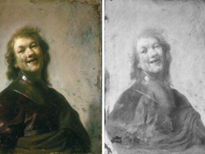 &#039;Rembrandt riendo&#039; (1628), tras su limpieza, y a la derecha, radiografiada por emisi&oacute;n de electrones.